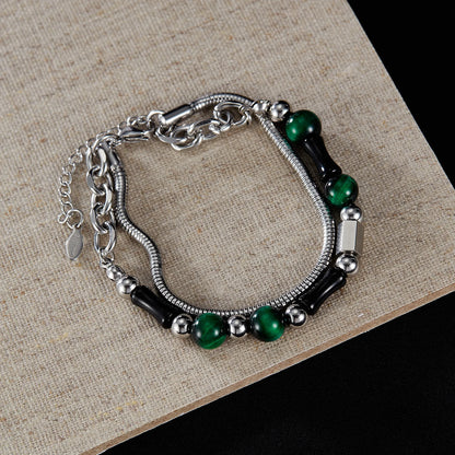 Men’s Double-Layer Green Tiger Eye Bracelet – Retro Stainless Steel Beaded Wristband with Black Bamboo Beads, High-End Design