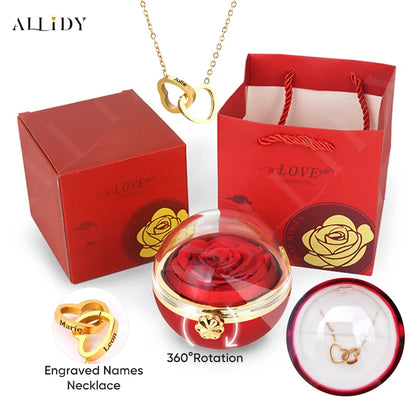 Eternal Rose Round Jewelry Box Personalized Custom Engraved Name Necklace Heart Pendant Women Valentine's Day Christmas Gift