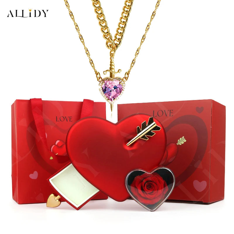 Gothic Romance Valentine's Day Necklace Red Crystal Love Dagger Necklace Couple Chain Pendant Punk Choker Rose Jewelry Gifts Box