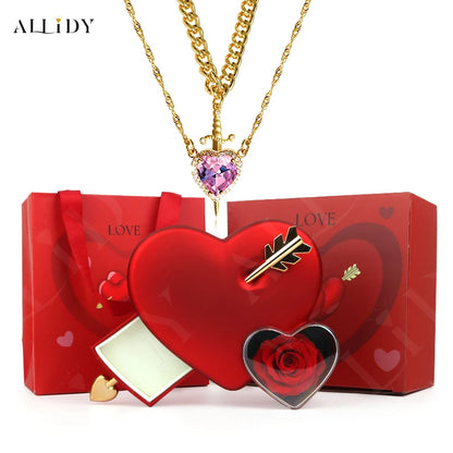 Gothic Romance Valentine's Day Necklace Red Crystal Love Dagger Necklace Couple Chain Pendant Punk Choker Rose Jewelry Gifts Box