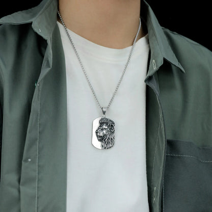 Men’s Bold Lion Head Dog Tag Necklace – Vintage Stainless Steel Pendant Chain, Power & Strength Streetwear Jewelry