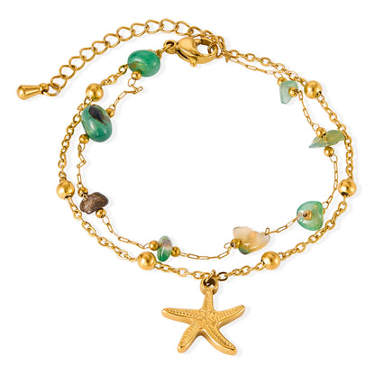 Boho Starfish Natural Stone Double Layer Bracelet for Women – Stainless Steel Minimalist Titanium Chain Jewelry