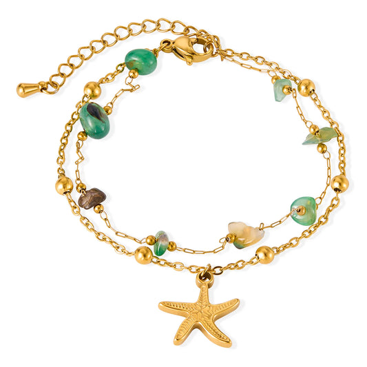 Boho Starfish Natural Stone Double Layer Bracelet for Women – Stainless Steel Minimalist Titanium Chain Jewelry