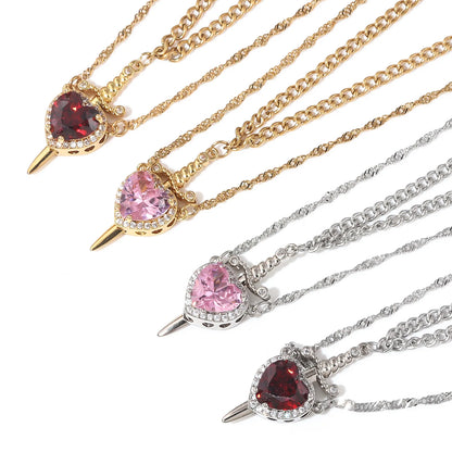 Heart and Sword Zircon Crystal Necklace 2pcs Women New Fashion Double Chain Pendant Female Mother's Day Gifts for Mom/Women