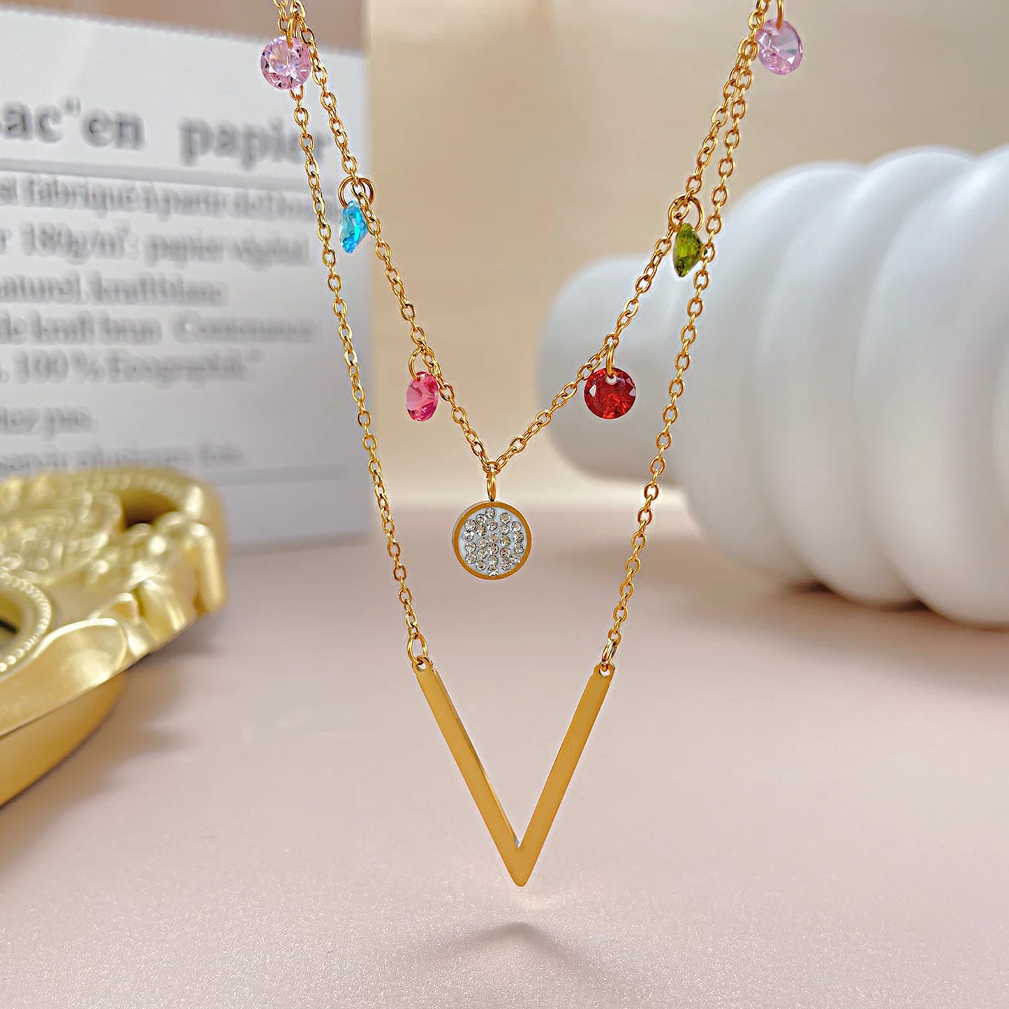 Trendy Double Layer Clavicle Necklace – Minimalist Stainless Steel Chain with Colorful Zircon for Women