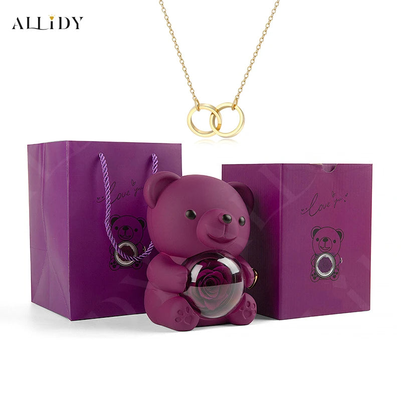 School Gift Send Son Daughter Lovely Red Eternal Rose Teddy Bear with Custom Carved Words Heart Necklace Jewelry Gift Set