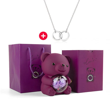 New Double Rose Eternal Rose Teddy Bear Jewelry Box with Custom Engraved Pendant Necklace – Perfect Valentine's Day Gift for Wom