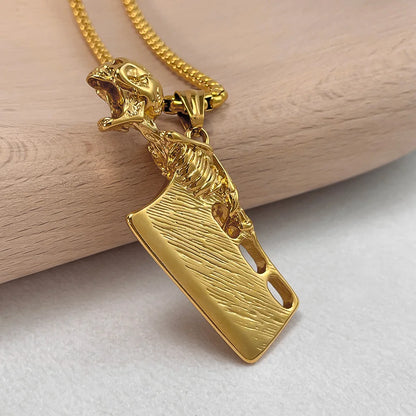 Men’s Punk Skull Cleaver Pendant Necklace – Retro Stainless Steel Butcher Knife Hip Hop Jewelry