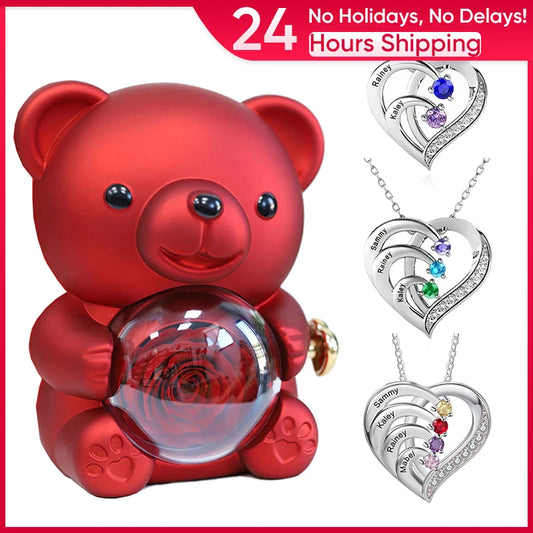 Fashion Personality Custom Engraved Name Heart Necklace and Eternal Rose Teddy Bear Jewelry Gift Box Christmas Valentine Women