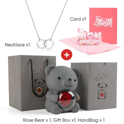 Mother's Day Gift Set Personalized Custom Necklace & Eternal Rose Teddy Bear and Beautiful Card Unique Jewelry Gift for Mom