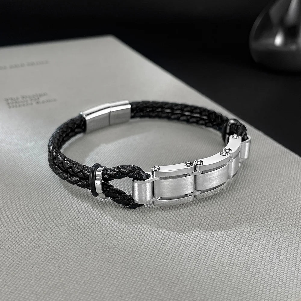 Men’s Biker Chain Leather Bracelet – Double Layer Braided Wristband with Creative Stainless Steel Design, Hip Hop Style