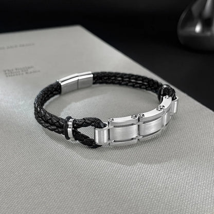 Men’s Biker Chain Leather Bracelet – Double Layer Braided Wristband with Creative Stainless Steel Design, Hip Hop Style