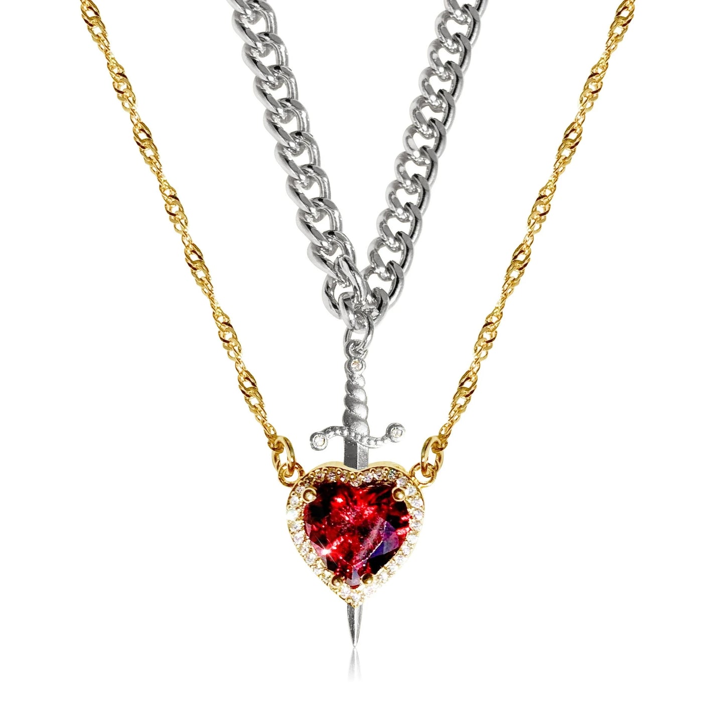 2PC Gothic Punk One Arrow Through The Heart Creative Two Color Couple Necklace Red Rhinestone Heart Dagger Necklace Friend Gift