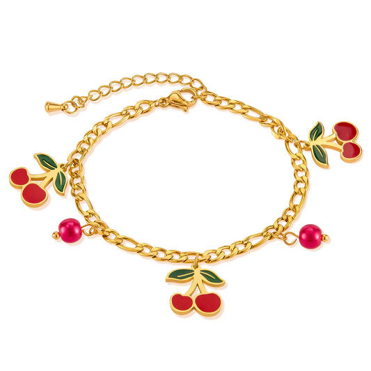 Fruit Charm Bracelet for Women – Stainless Steel Cherry Strawberry Enamel Titanium Steel Fashion Jewelry