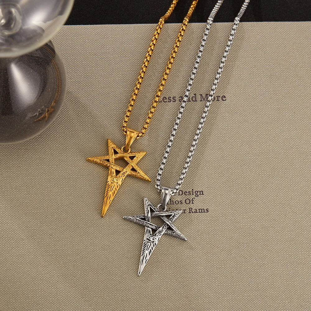Men’s Viking Pendant Necklace – Horus Eye & Pentagram Symbol Retro Punk Stainless Steel Jewelry