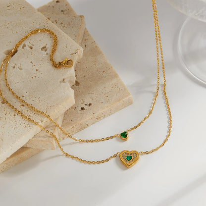 Vintage Double-Layer Emerald Heart Necklace – French Chic Stainless Steel Clavicle Chain for Women