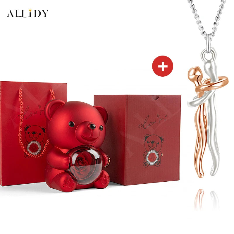 Hip Hop Embrace Couple Pendant Necklace Adjustable Hugging Pendant Necklace and Eternal Rose Bear Jewelry Box Valentine Day Gift