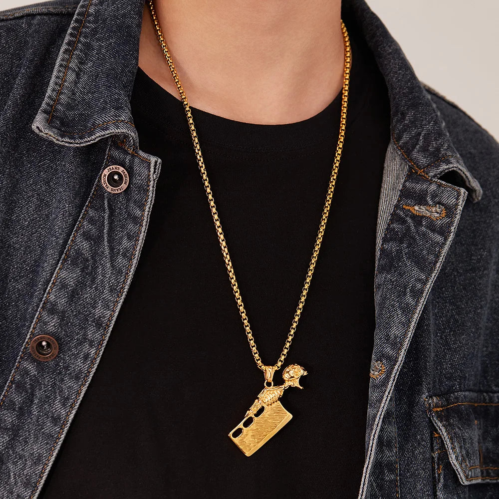 Men’s Punk Skull Cleaver Pendant Necklace – Retro Stainless Steel Butcher Knife Hip Hop Jewelry