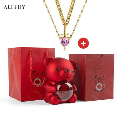 Hot Red Zircon Love Dagger Sword Pendant Collarbone Chain Double Valentine's Day Couple Necklace Real Preserved Rose Teddy Bear