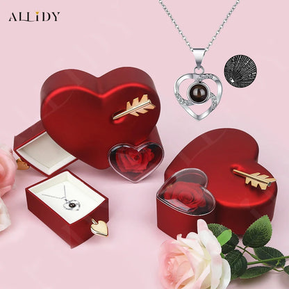 Allidy - Valentine's Day Creative Heart-piercing Rose Jewelry Box and 100 Languages I Love You Projection Necklace Gift Set