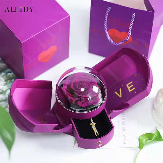 Couple Gift Set – Stainless Steel Hug Necklace, Real Preserved Rose in Drawer Jewelry Box – Romantic Holiday Gift for Him & Her