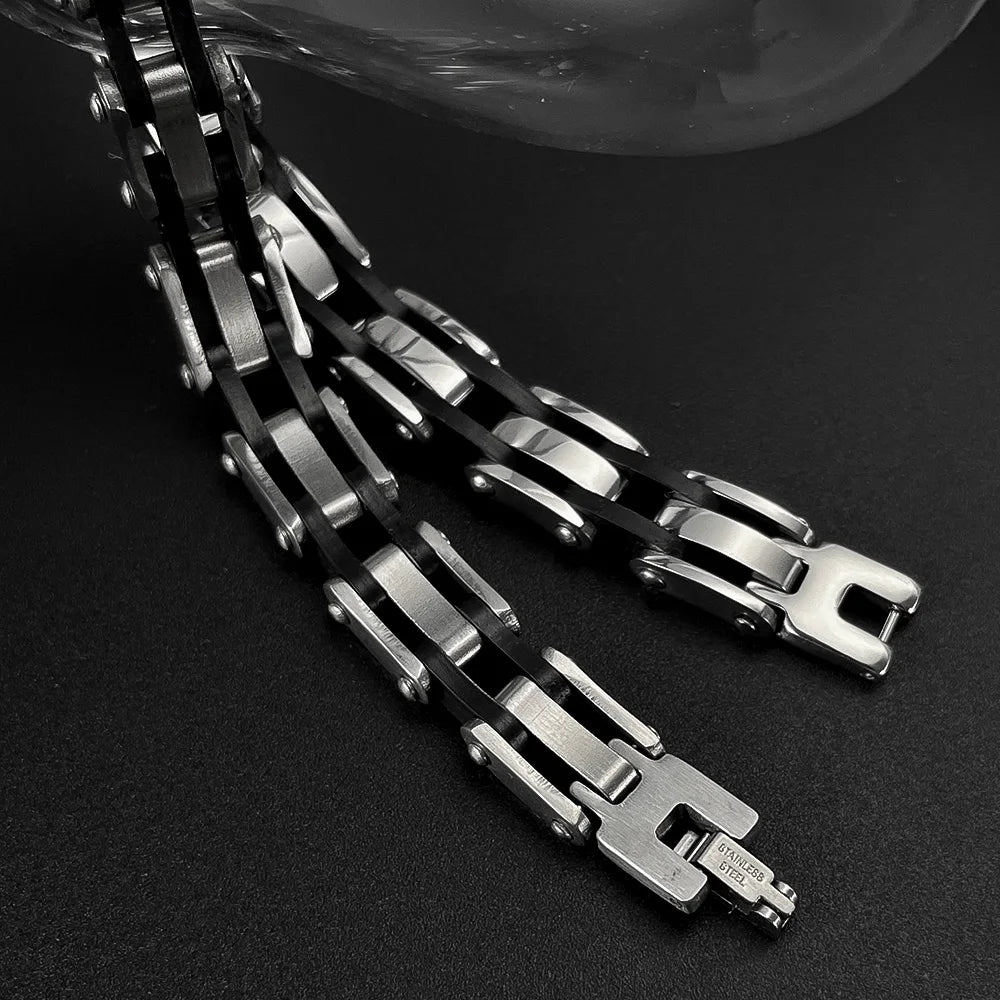Men’s Hip Hop Silicone & Stainless Steel Bracelet – Retro Punk Titanium Steel Wristband, Stylish and Durable