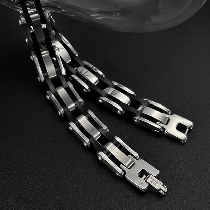 Men’s Hip Hop Silicone & Stainless Steel Bracelet – Retro Punk Titanium Steel Wristband, Stylish and Durable