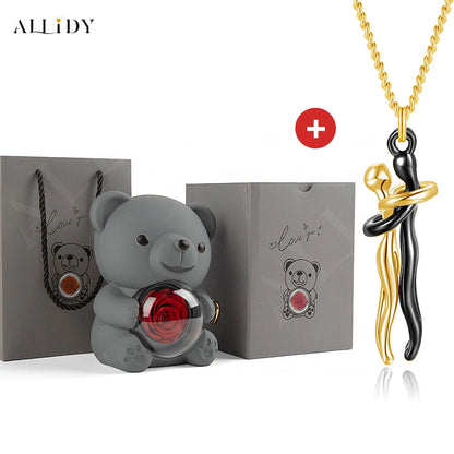 Hip Hop Embrace Couple Pendant Necklace Adjustable Hugging Pendant Necklace and Eternal Rose Bear Jewelry Box Valentine Day Gift