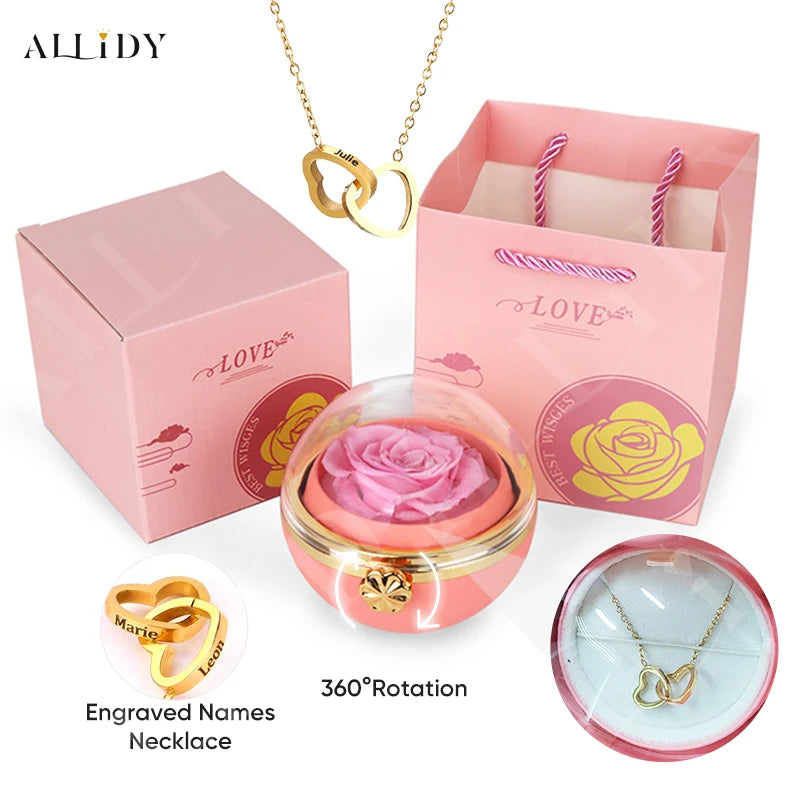 New Surprise Gift Idea Preserved Rose Round Ring or Necklace Jewelry Gift Box with Engraved Name Necklace for Girl Friend Mum