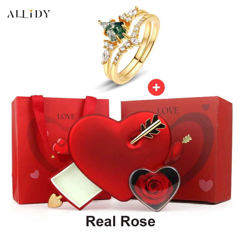 Green Moss Stone Stainless Steel Two-piece Ring Set with Creative Rose Drawer Jewelry Box Proposal Declaration Wedding Gifts Box