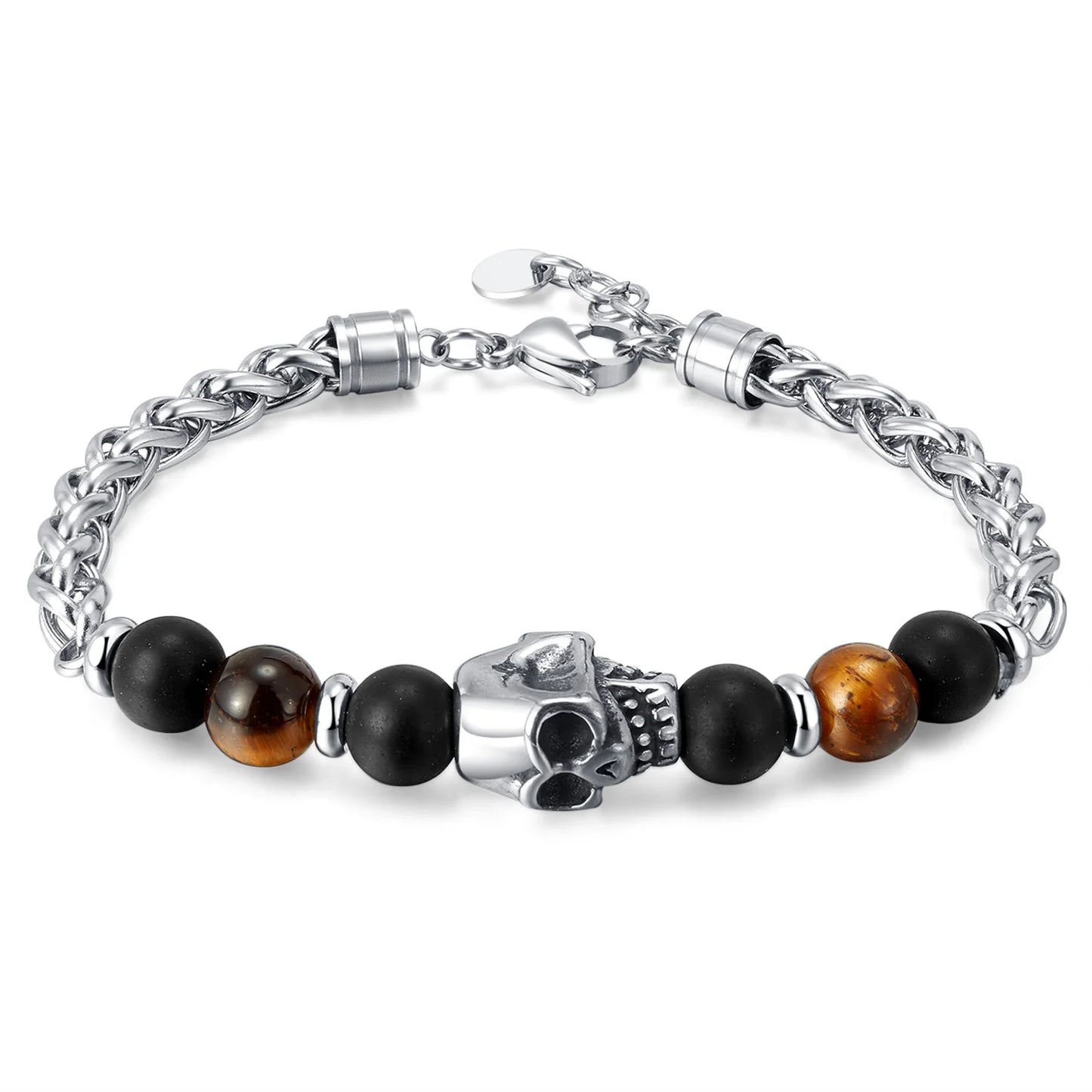 Men’s Stainless Steel Bracelet – Cross Chain with Skull / Wolf / Leopard Head & Tiger Eye Beads, Vintage Style