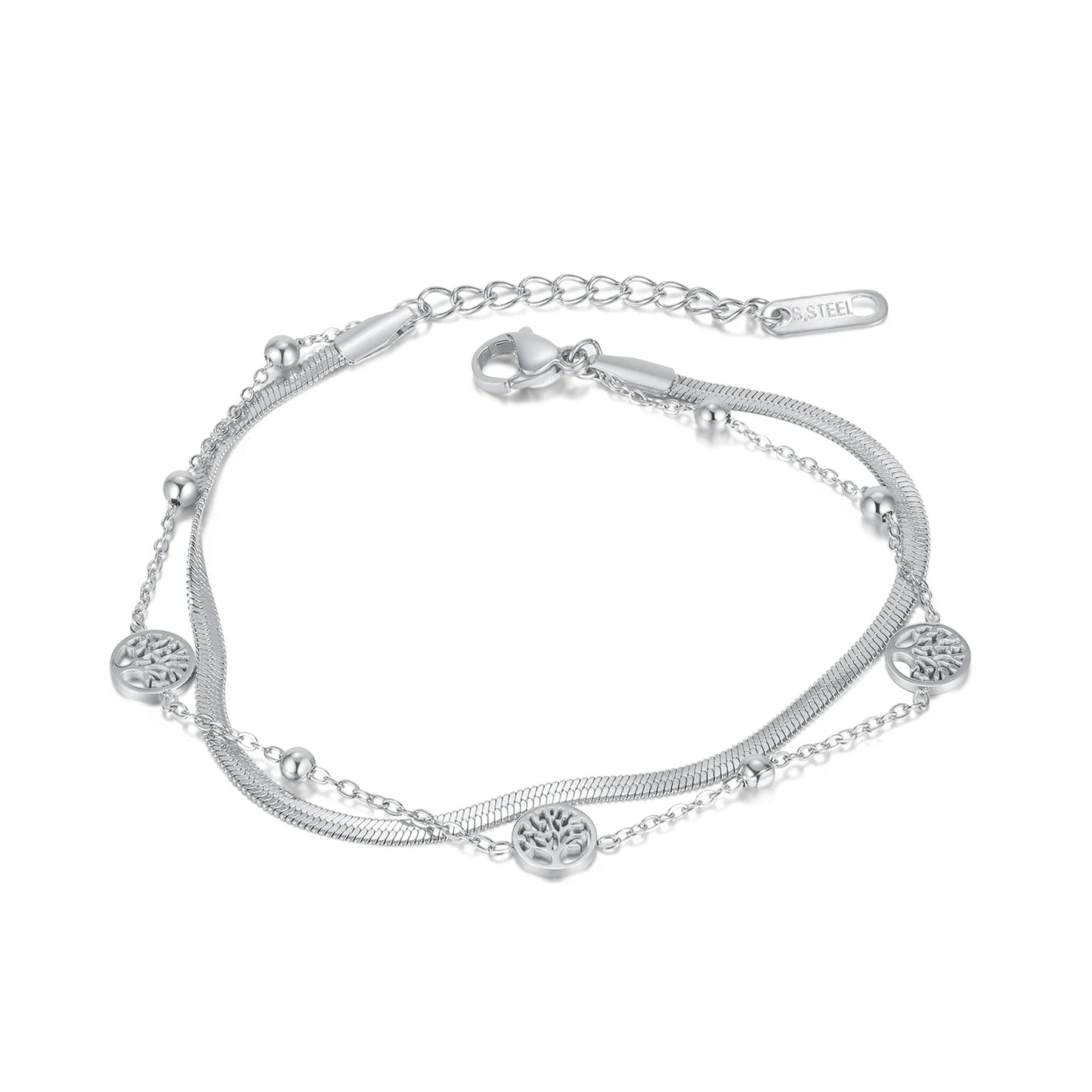 Vintage Double-Layer Tree of Life Bracelet for Women – Stainless Steel Snake Chain Layered Wrist Jewelry