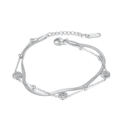 Vintage Double-Layer Tree of Life Bracelet for Women – Stainless Steel Snake Chain Layered Wrist Jewelry