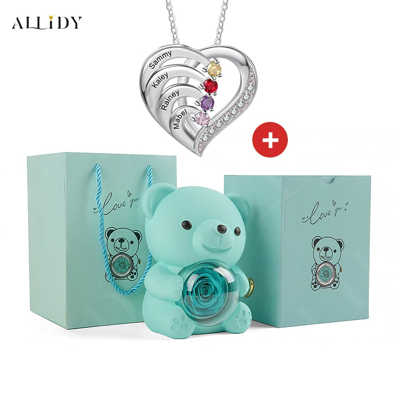 Fashion Personality Custom Engraved Name Heart Necklace and Eternal Rose Teddy Bear Jewelry Gift Box Christmas Valentine Women