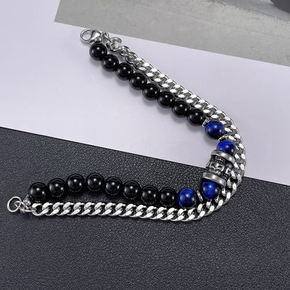 Men’s Double-Layer Cuban Chain Bracelet – Black Agate & Tiger Eye Beads, Stainless Steel Fashion Jewelry