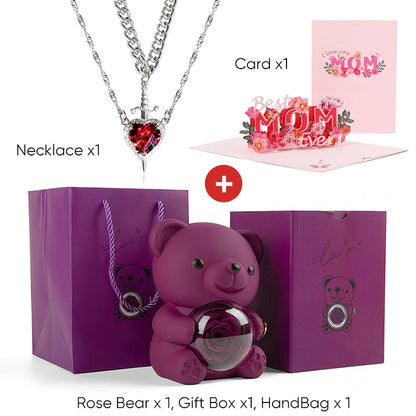 Mother's Day 3D Card Red Zircon Heart and Sword Necklace Double Necklace Real Rose Hug Bear Mothers Day Jewelry Gift Set for Mom
