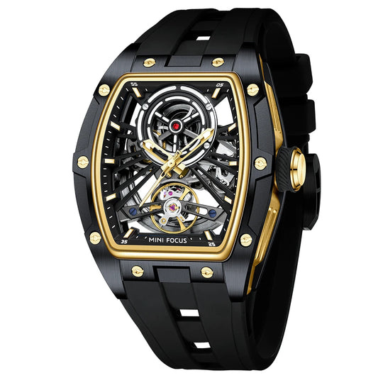 MINIFOCUS Men's Bestseller Barrel Automatic Mechanical Watch Full Skeleton Stainless Steel Case Trendy Fathers Day Gift for Him
