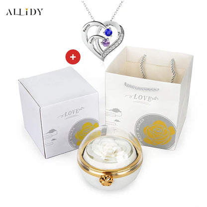 Personalized Heart Necklace with 2-4 Birthstones Custom Engraved Name Pendant Preserved Rose Jewelry Gift Box Christmas Women