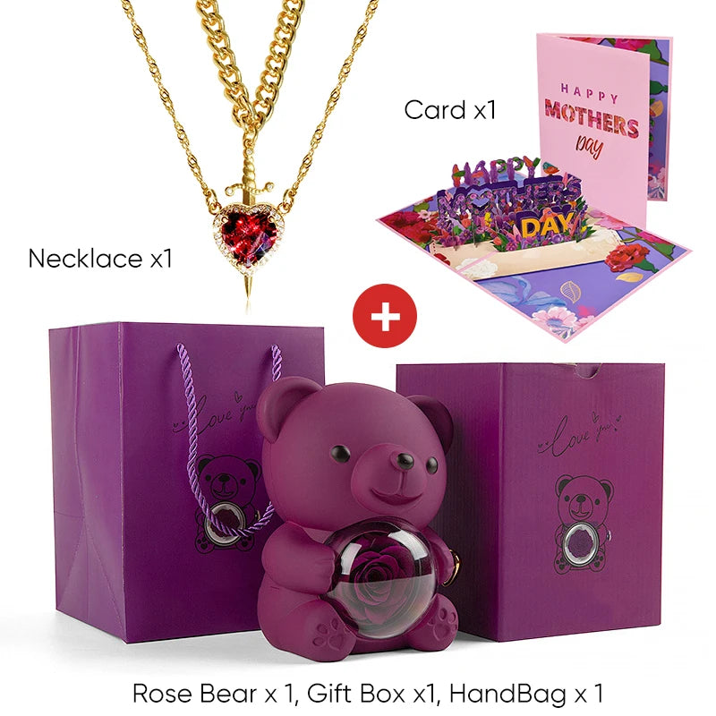 Mother's Day 3D Card Red Zircon Heart and Sword Necklace Double Necklace Real Rose Hug Bear Mothers Day Jewelry Gift Set for Mom