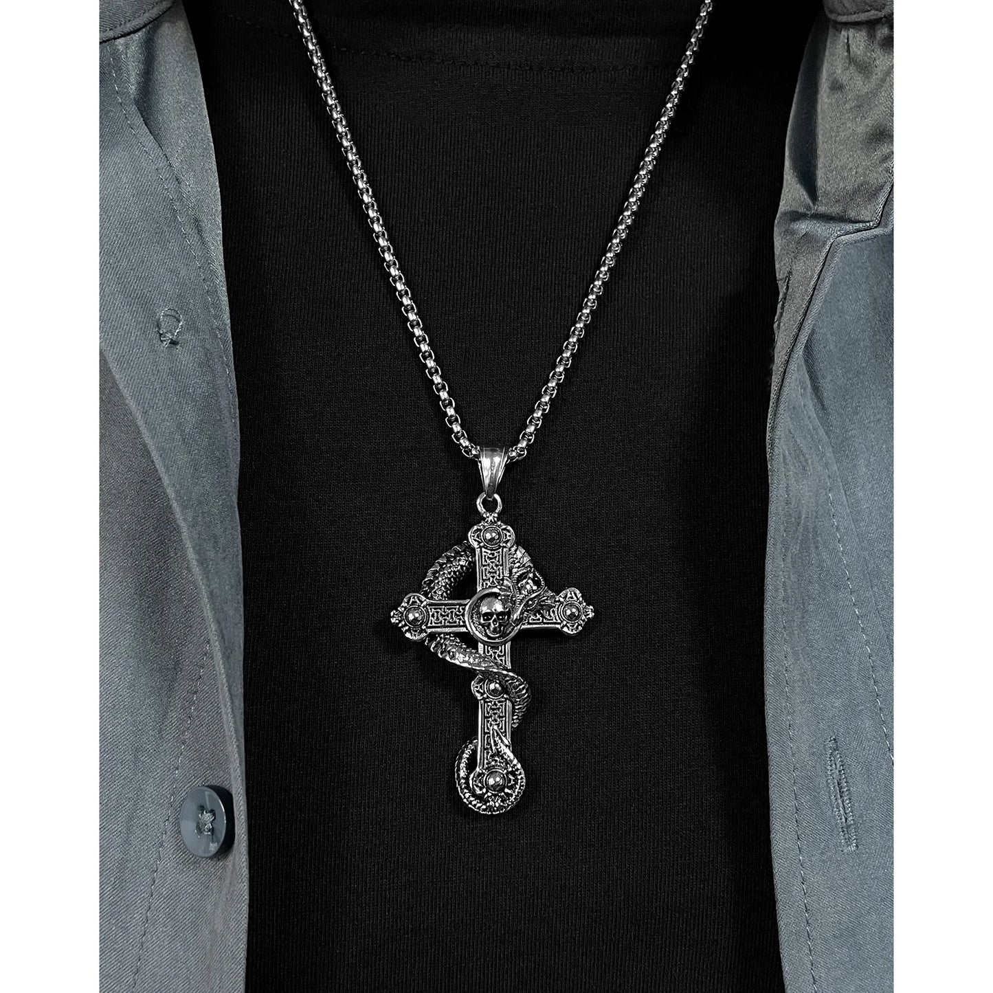 Vintage Dragon Skull Cross Necklace for Men – Gothic Titanium Steel Hip Hop Pendant Jewelry