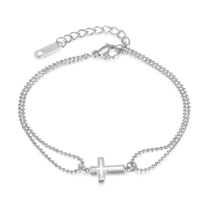 Minimalist Double Layer Cross Stainless Steel Bracelet for Women – Stylish Beaded Chain Jewelry