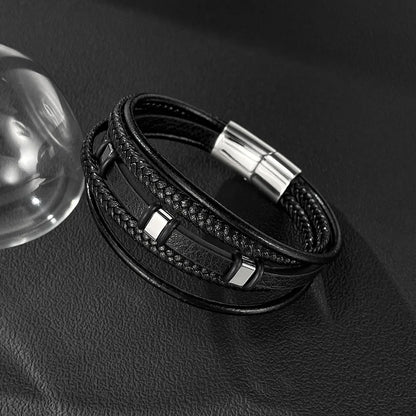 Men’s Multi-Layer Braided Leather Bracelet – Minimalist Stainless & Titanium Steel Wristband, Casual Versatile Style