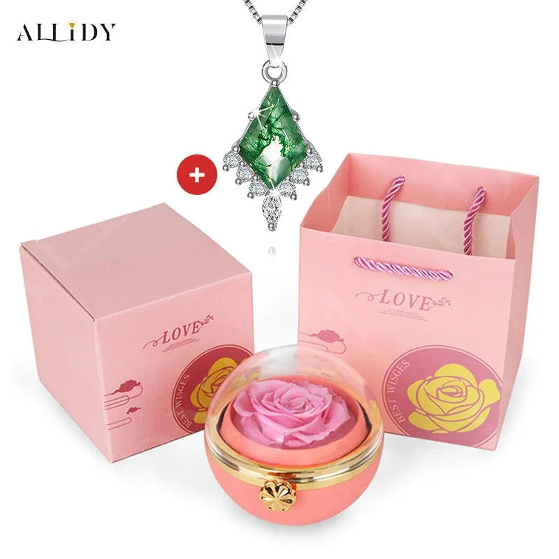 Creative Natural Green Moss Stone Pendant Stainless Steel Necklace With Real Preserved Rose Jewelry Box Christmas Gifts Set