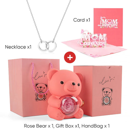 Mother's Day Gift Set Personalized Custom Necklace & Eternal Rose Teddy Bear and Beautiful Card Unique Jewelry Gift for Mom