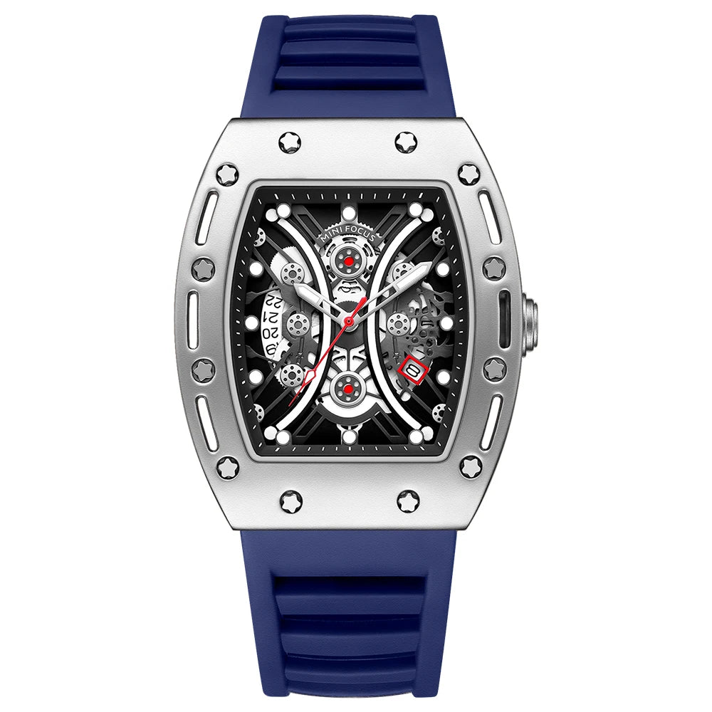 MINIFOCUS Men’s Hot Barrel‑Shaped Sport Watch Curved Glass Skeleton Dial Automatic Luminous Waterproof Watch Gift for Boyfriend