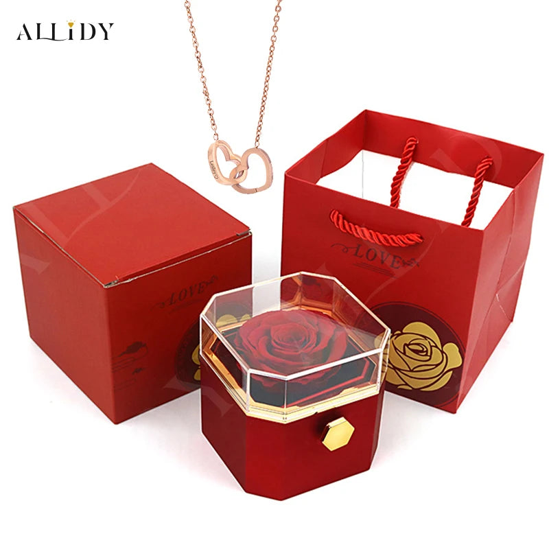 New Octagon Rotating Preserved Rose Proposal Surprise Jewelry Gift Box with Custom Name Necklace Set Holiday for Girlfriend