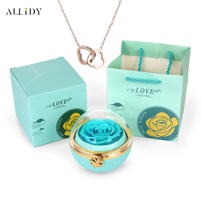 Eternal Rose Round Jewelry Box Personalized Custom Engraved Name Necklace Heart Pendant Women Valentine's Day Christmas Gift