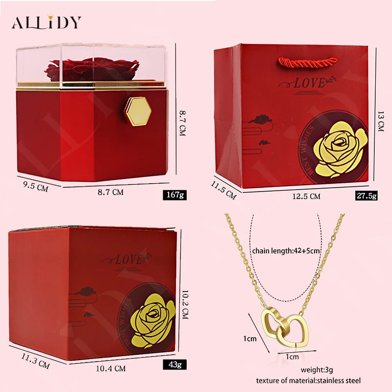 New Octagon Rotating Preserved Rose Proposal Surprise Jewelry Gift Box with Custom Name Necklace Set Holiday for Girlfriend