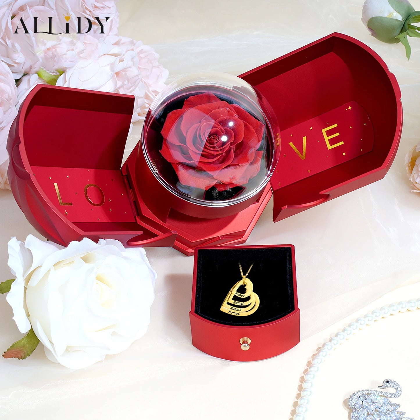 Personalized Engraved Name Necklace Family Member/Couple Name Heart Pendant Necklace and Rose Jewelry Gift Box for Christmas