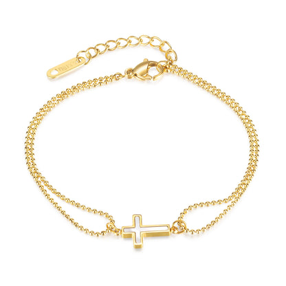 Minimalist Double Layer Cross Stainless Steel Bracelet for Women – Stylish Beaded Chain Jewelry